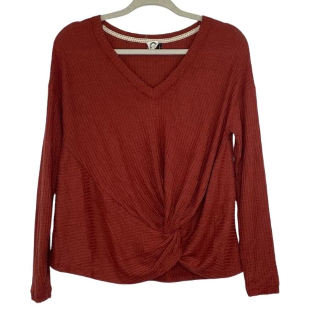 Anthropologie Akemi & Kin red brick waffle V-neck long sleeve Small